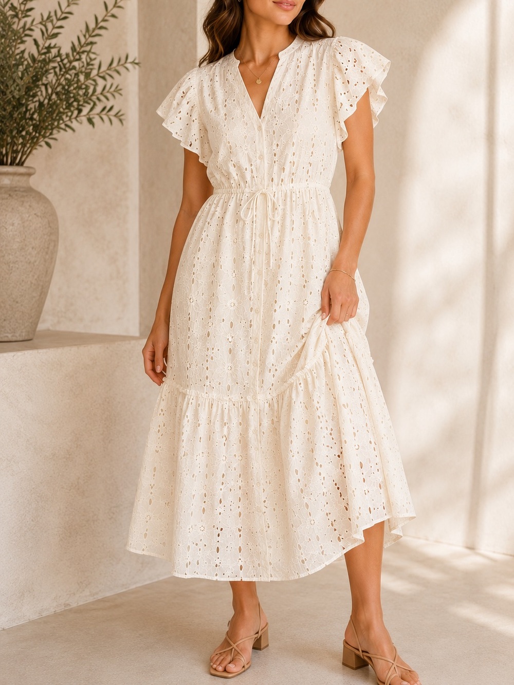 Trovata Birds of Paradise Off White Eyelet Cotton Flutter Sleeve Midi Dress